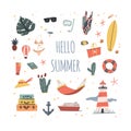 Hello Summer. Hand drawn doodle summer illustration with palm leaf, lighhouse, swimsuit, cactus, surfboard, pineapple