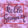 Hello summer hand drawn lettering on dragonfly pattern for your design Royalty Free Stock Photo