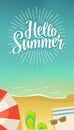 Hello summer hand drawn lettering with rays on beach background. Royalty Free Stock Photo