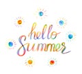 Hello Summer hand drawn lettering on a white background, with su Royalty Free Stock Photo