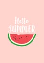 Hello summer hand drawn pink poster. Hand drawn watermelon on the pink background