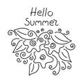 Hello summer hand lettering. Flowers, leaves, and Doodle elements. Vector illustration for a postcard, poster, or your design Royalty Free Stock Photo