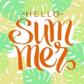 Hello summer, hand paint vector lettering on a abstract tropical palm leaves frame, summer design. Royalty Free Stock Photo