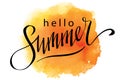 Hello summer, hand written lettering on orange watercolor sport background.