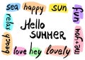 Hello summer hand written words on the hand drawn background