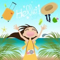 Hello Summer with Happy Girl on the Beach. Vector Illustration
