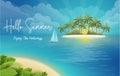 Hello summer holiday beach vacation banner with tropical island view