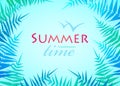 Hello Summer Holiday poster. Traveling template poster. Party poster with palm leaf and lettering summer time. Royalty Free Stock Photo