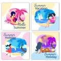 Hello Summer Holiday, Vacation Banner Set, Girls Royalty Free Stock Photo