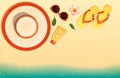 Hello Summer holidays banners design. With boat, life buoy, surfboard, glasses, flip flop, hat,flower, starfish, coconut