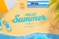 Hello summer holidays text on top view beach scene with sand and sea waves