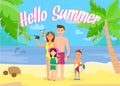 Hello Summer Horizontal Banner. Family at Seaside.