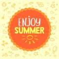 Brush lettering composition of Enjoy Summer words on vector pattern doodle background illustration