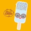 Hello Summer ice cream, ice lolly blue, Kawaii with sunglasses pink cheeks and winking eyes, pastel colors on oranje background. V