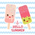 Hello Summer ice cream, ice lolly, Kawaii with pink cheeks and winking eyes, pastel colors card design, banner template on blue wa Royalty Free Stock Photo