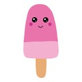 Hello Summer ice cream, ice lolly pink, Kawaii with pink cheeks and eyes, isolated on white background. Vector