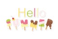 Hello summer ice cream letters isolated on white. Festive paper cut out stickers.