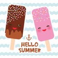 Hello Summer ice cream, ice lolly, Kawaii with pink cheeks and winking eyes, pastel colors card design, banner template on blue wa Royalty Free Stock Photo