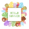 Hello Summer ice cream waffle cones and tropical monsterra leaves colorful frame vector illustration.