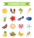 Hello summer icon set, flat, cartoon style. Beach, vacation collection of design elements. Isolated on white background Royalty Free Stock Photo