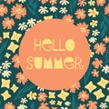 Hello Summer illustrated feminine vector banner collage style with text, colorful various flowers beige blue teal yellow orange