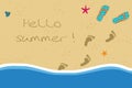 Hello summer illustration with flip flops and foot prints on sandy beach background