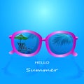 Hello summer illustration.Palm reflection in round sunglasse on Blue sky background.Vector