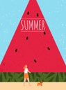 Hello summer. illustration for summer background, card, poster, and flyer. woman walking with dog in summer with giant watermelon