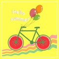 Hello summer. Image of a bicycle with wheels in the form of a watermelon. Summer time. Vector illustration.