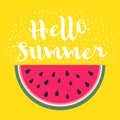 Hello Summer inscription on the background of watermelon. Royalty Free Stock Photo