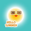 Hello Summer Kawaii Funny Yellow Sun With Sunglasses Pink Cheeks And Eyes On Blue Sky Background. Hot Summer Day. Bright Sun And B