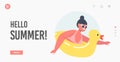 Hello Summer Landing Page Template. Little Girl Character in Swimwear Playing on Sea, Swim on Inflatable Ring, Kids Fun