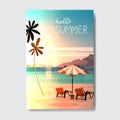 Hello summer landscape palm tree beach umbrella badge design label. season holidays lettering for logo, templates Royalty Free Stock Photo