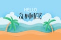 Hello summer with landscape sand and sea poster or banner in paper cut style. Vector illustration holiday season Royalty Free Stock Photo