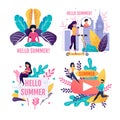 Hello Summer Lettering Advertising Flat Cards Set Royalty Free Stock Photo