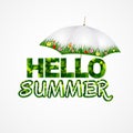 Hello summer lettering background with summer umbrella. Vector illustration
