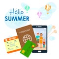 Hello Summer Lettering on Cartoon Travel Poster Royalty Free Stock Photo