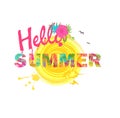 Hello summer lettering with colorful palm leaves and hibiscus on white background. T-shirt fashionable print Royalty Free Stock Photo