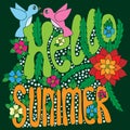 Hello Summer lettering with flower and bird on green background Royalty Free Stock Photo