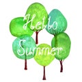 Hello Summer lettering green trees set banner watercolour background Royalty Free Stock Photo