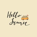 Hello summer lettering with hippie car. Royalty Free Stock Photo