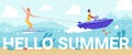 Hello summer lettering, people water skiing in waves of tropical sea, riding waterski