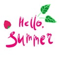 Hello summer. Lettering phrase. Handwritten text.Strawberry and green leaves. Illustration on an isolated white background Royalty Free Stock Photo