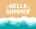 Hello Summer - lettering in the sand. Beach, sand, seashore with blue azure waves. Sea coast top view, aerial view Royalty Free Stock Photo