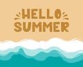 Hello Summer - lettering in the sand. Beach, sand, seashore with blue azure waves. Sea coast top view, aerial view Royalty Free Stock Photo