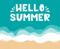 Hello Summer - lettering on the sea surface. Beach, sand, seashore with blue azure waves. Sea coast top view, aerial Royalty Free Stock Photo