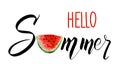 Hello Summer lettering with a slice of watermelon. Vector modern calligraphic design. Royalty Free Stock Photo