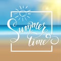 Hello summer lettering. Tropical background, blue ocean landscape Royalty Free Stock Photo