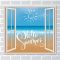 Hello summer lettering. Tropical background, blue ocean landscape Royalty Free Stock Photo