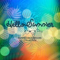 Hello Summer lettering typography on blurred sunset with bokeh lights, vector illustration